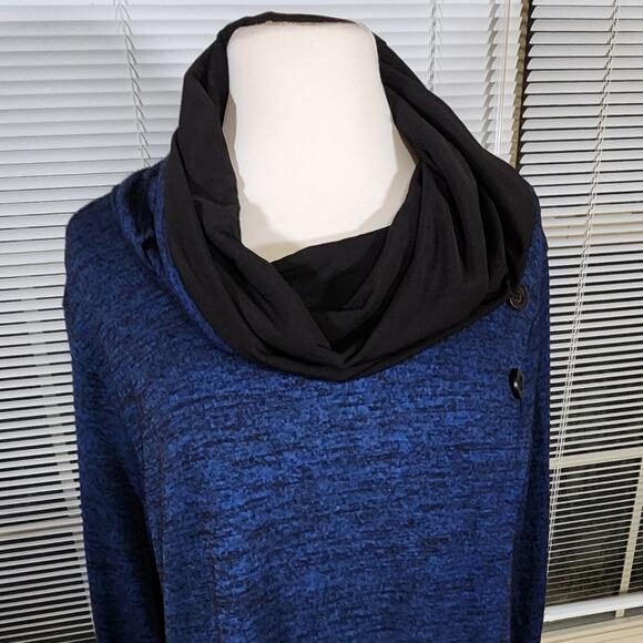 Ali Miles Large $84 Blue Black Heather Cowl Neck Wrap Asymmetric Tunic Knit Top - Picture 2 of 8